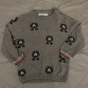 Mayoral Gray Bear-Intarsia Crewneck Sweater